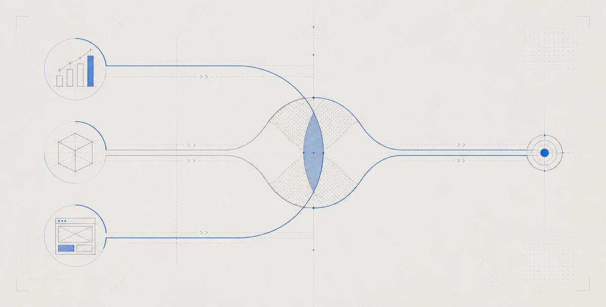 A technical diagram showing market demand, product design, and frontend development converging